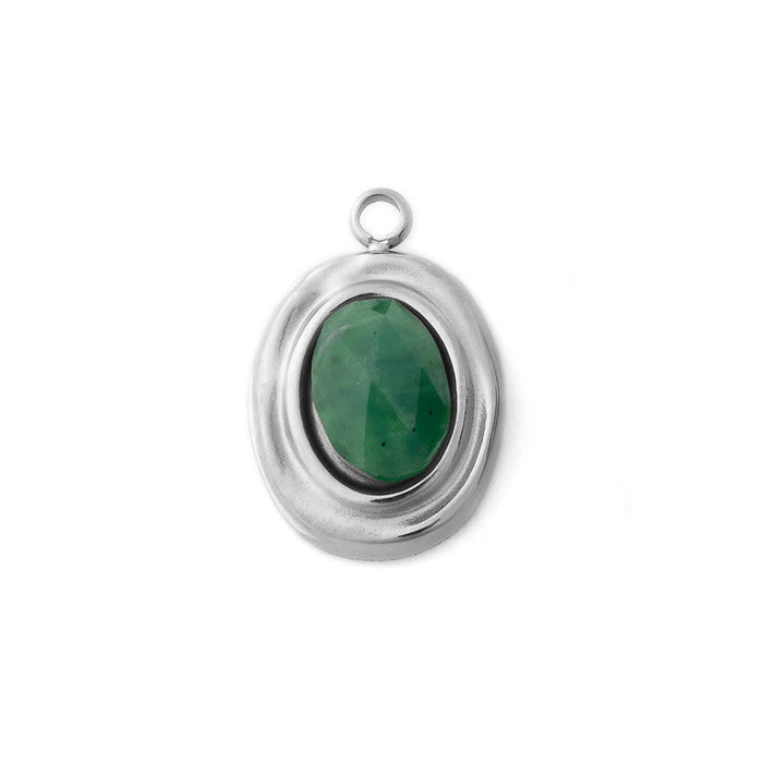 12x8mm Oval Charm/Pendant with Gemstone from the Global Collection - Rhodium Plated with African Jade