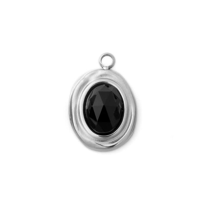 12x8mm Oval Charm/Pendant with Gemstone from the Global Collection - Rhodium Plated with Onyx