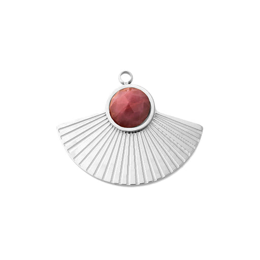 20x24mm Fan Charm/Pendant with Gemstone from the Deco Collection - Rhodium Plated with Rhodonite