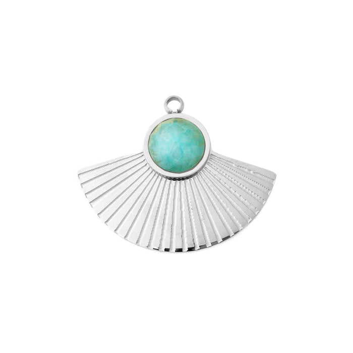 20x24mm Fan Charm/Pendant with Gemstone from the Deco Collection - Rhodium Plated with Amazonite