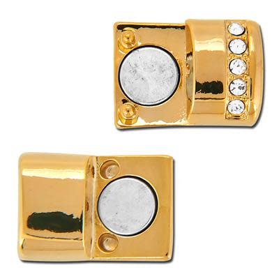 Gold Plated Magnetic Clasp with Row of Clear Crystals For Licorice Leather