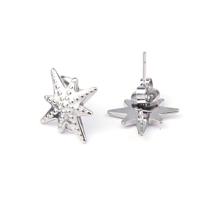 17mm Stainless Steel  Starburst Shaped Post Earrings with Hidden Loop (1 Pair)