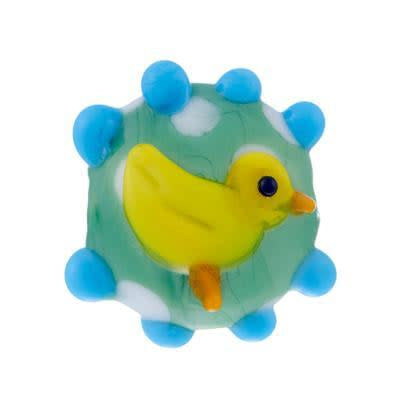 16mm Yellow Chick on Green Lampwork Disc Beads (3 Pieces)