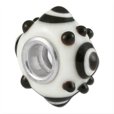 13mm White with Black Circles and Dots Large Metal Hole Glass Beads (3 Pieces)