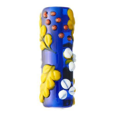 36mm Blue with White and Yellow Flowers Tube Lampwork Beads
