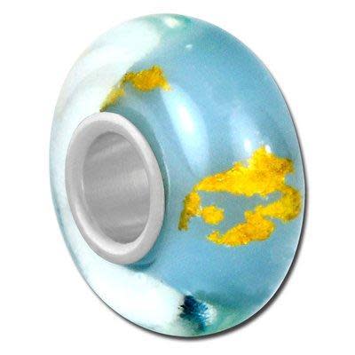 Blue with Gold Foil Rondelle Large Hole Beads (3 Pieces)