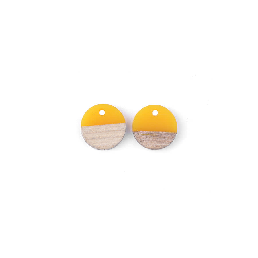 15mm Wood & Sunshine Yellow Resin Disc Focal Piece Pendant Charm (1 Pair)