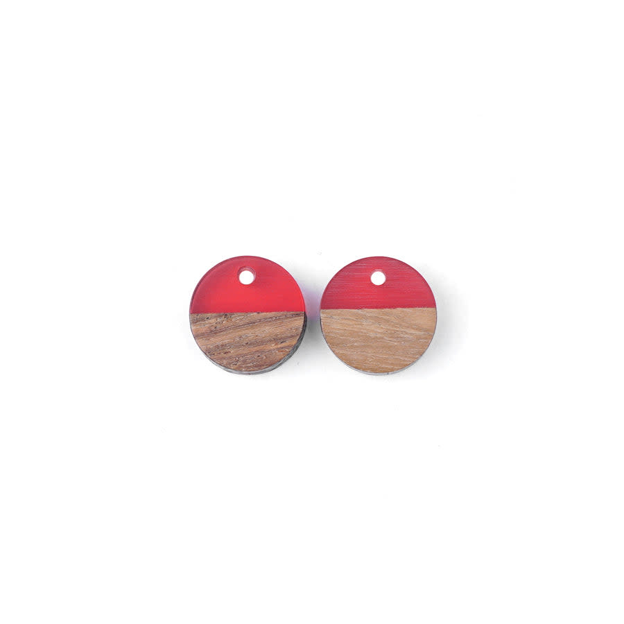 15mm Wood & Pink Berry Resin Disc Focal Piece Pendant Charm (1 Pair)