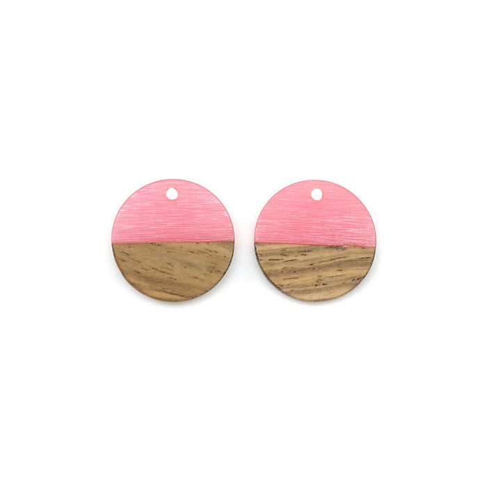 20mm Wood & Frosted Pink Reversed Resin Disc Focal Piece Pendant Charm (2 Pieces)