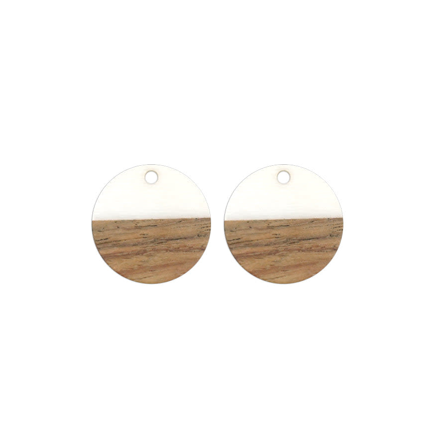 20mm Wood & White Resin Reversed Disc Focal Piece Pendant Charm (2 Pieces)