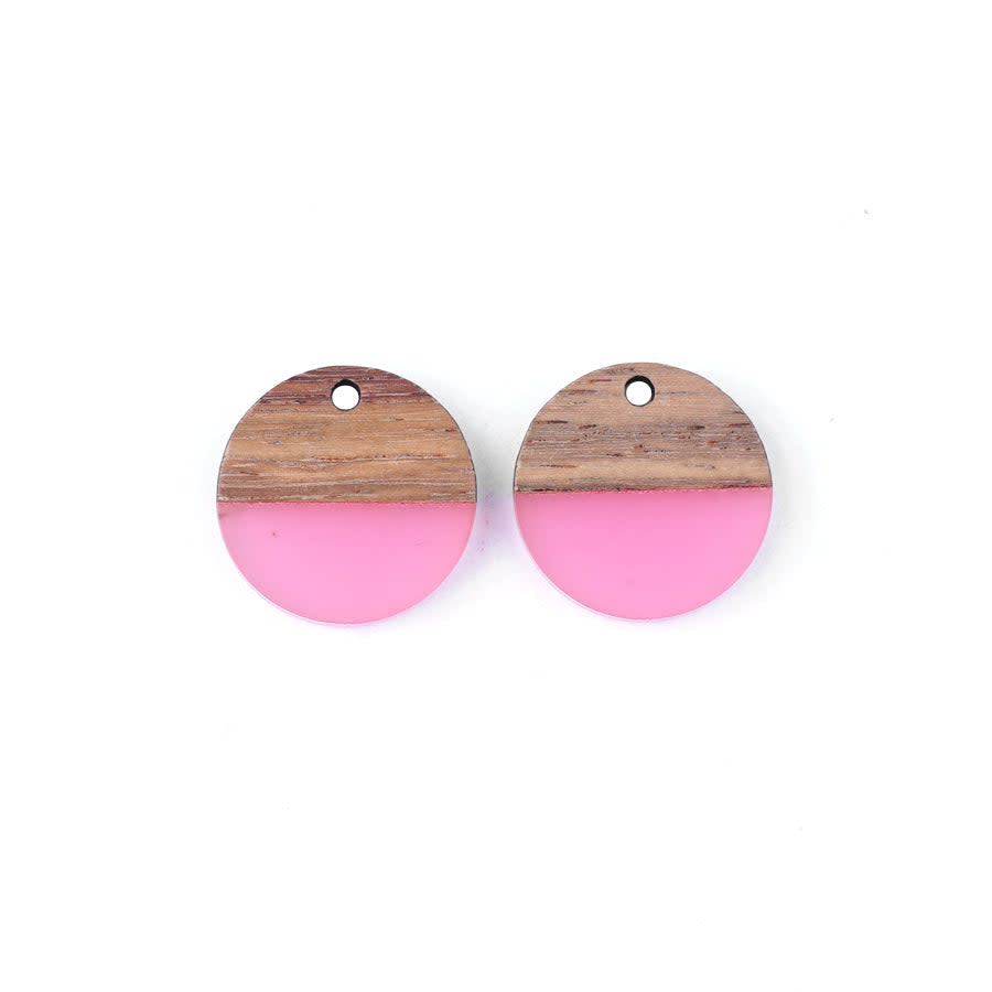 20mm Wood & Frosted Pink Resin Disc Focal Piece Pendant Charm (2 Pieces)