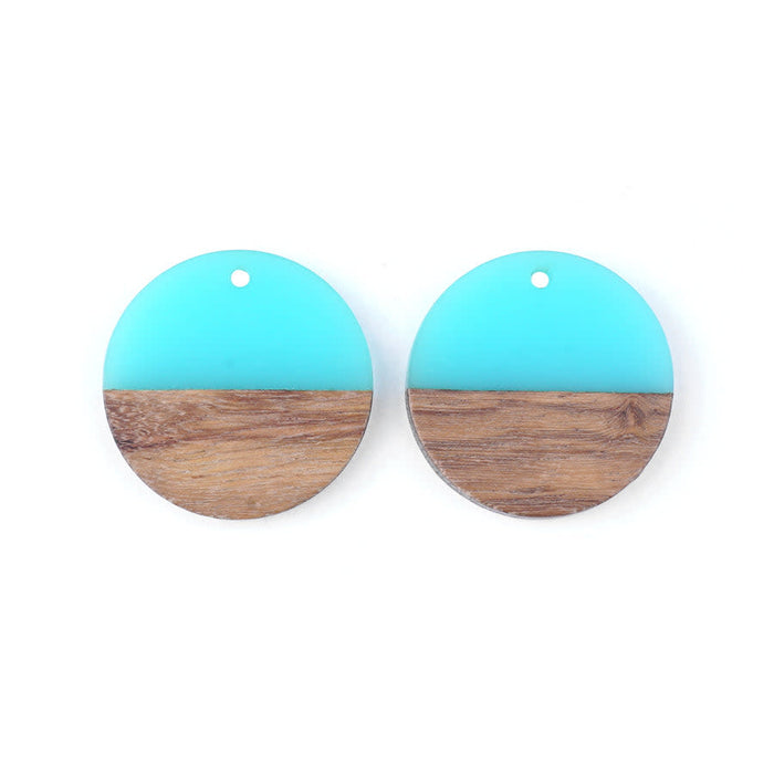 28mm Wood & Sea Blue Resin Disc Focal Piece Pendant Charm (1 Pair)