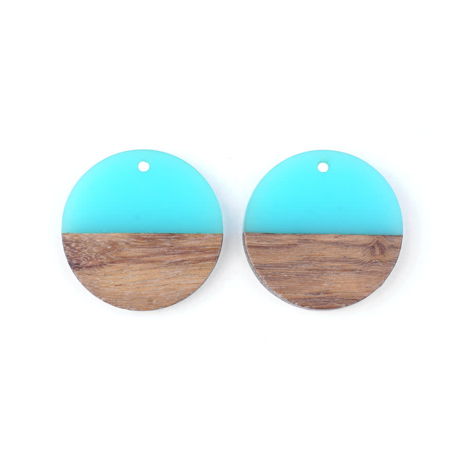 28mm Wood & Sea Blue Resin Disc Focal Piece Pendant Charm (1 Pair)
