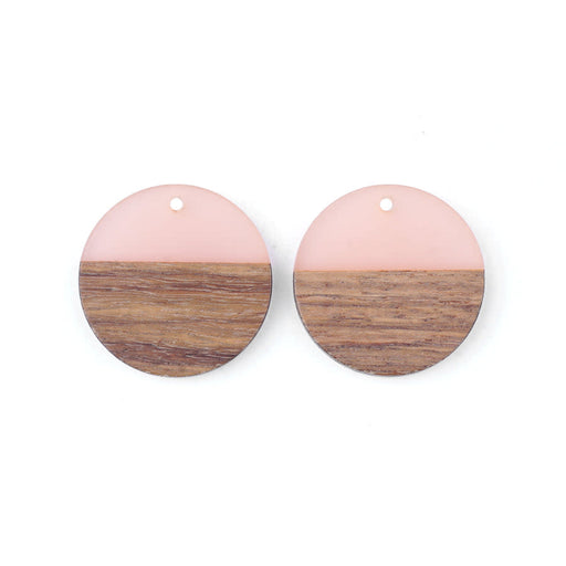 28mm Wood & Pale Pink Resin Disc Focal Piece Pendant Charm (1 Pair)
