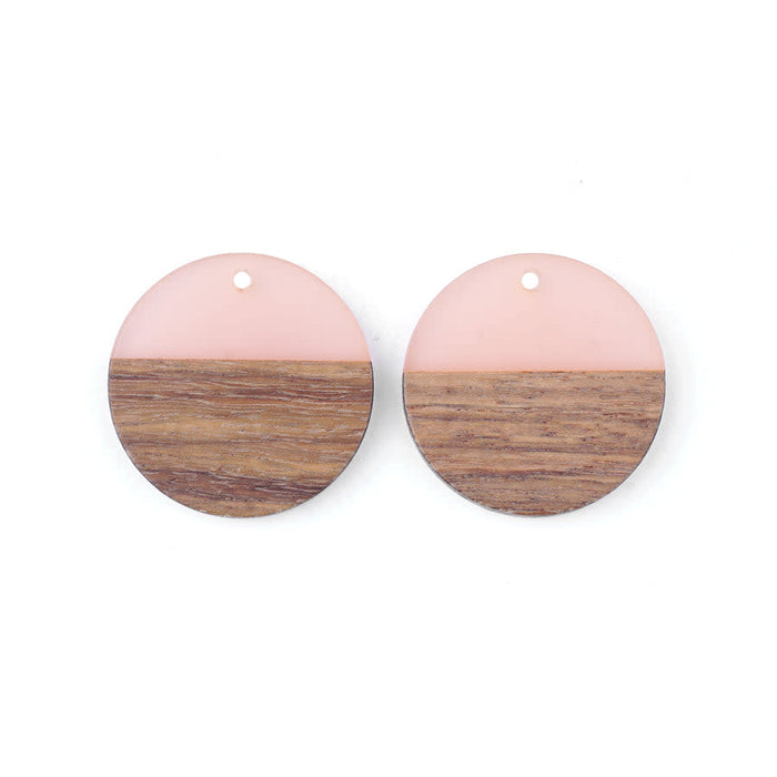 28mm Wood & Pale Pink Resin Disc Focal Piece Pendant Charm (1 Pair)
