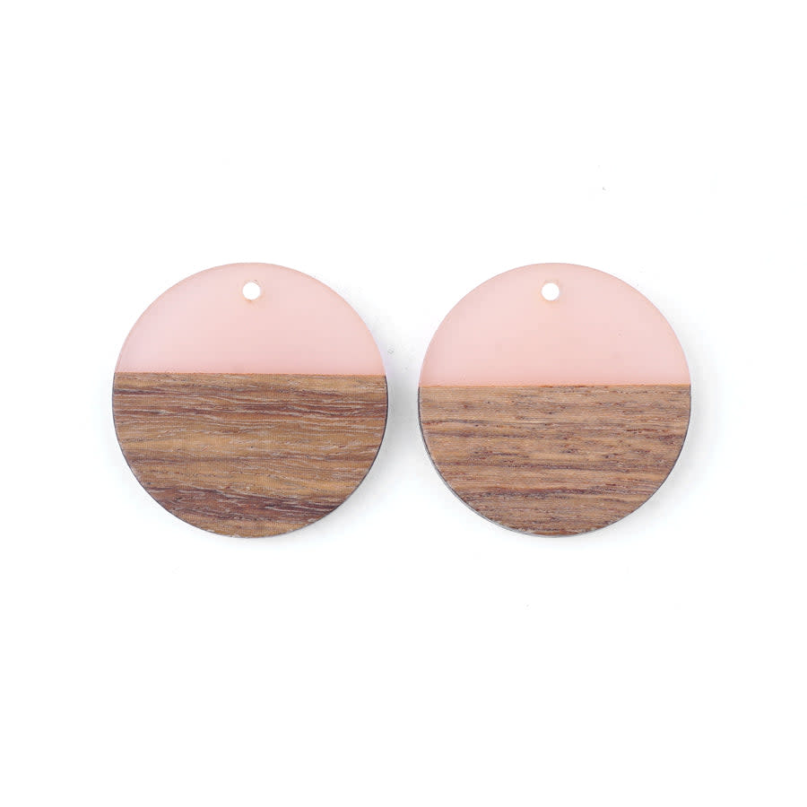 28mm Wood & Pale Pink Resin Disc Focal Piece Pendant Charm (1 Pair)