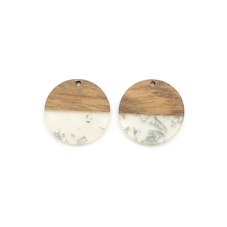 28mm Wood & Clear Resin with Silver Foil Disc Focal Piece Pendant Charm (1 Pair)