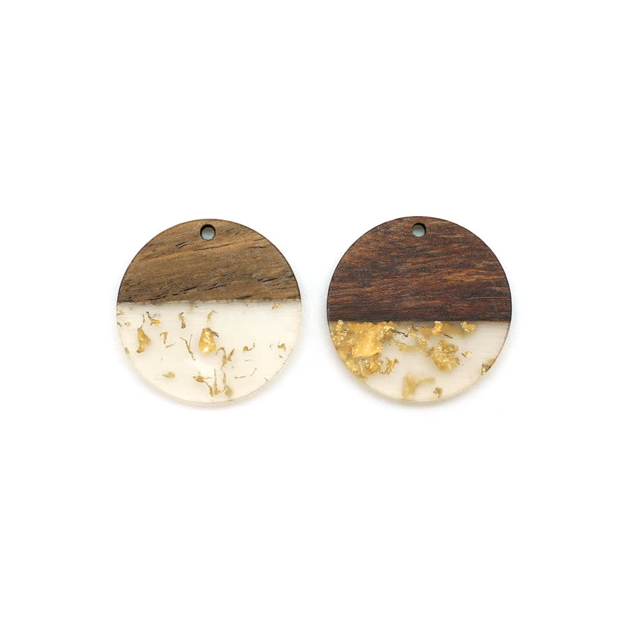 28mm Wood & Clear Resin with Gold Foil Disc Focal Piece Pendant Charm (1 Pair)