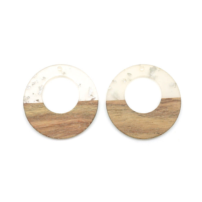 38mm Wood & Clear Resin with Silver Foil Off Center Donut Focal Piece Pendant (1 Pair)
