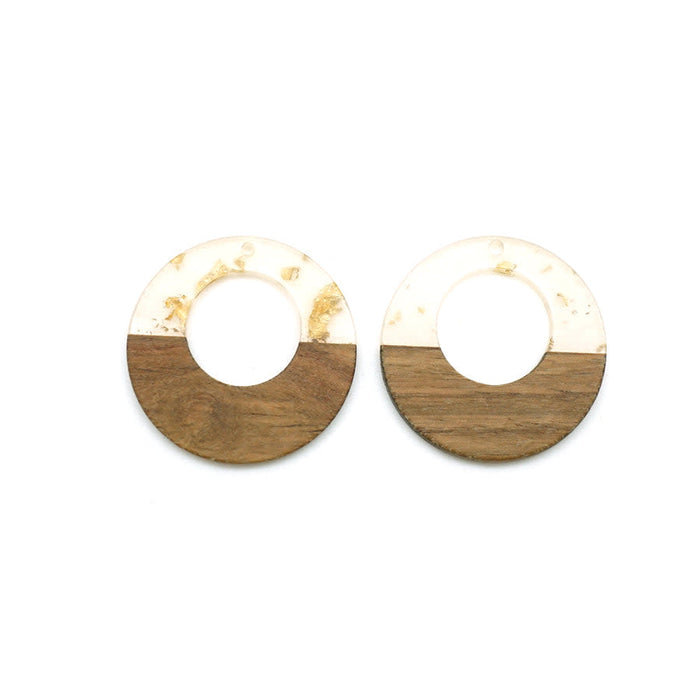 38mm Wood & Clear Resin with Gold Foil Off Center Donut Focal Piece Pendant (1 Pair)
