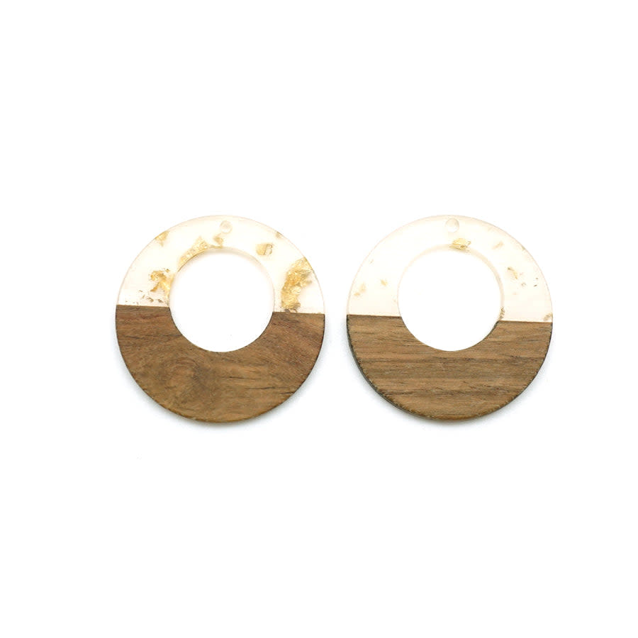 38mm Wood & Clear Resin with Gold Foil Off Center Donut Focal Piece Pendant (1 Pair)