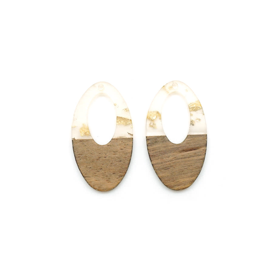 22x38mm Wood & Clear Resin with Gold Foil Off Center Oval Focal Pieces (1 Pair)