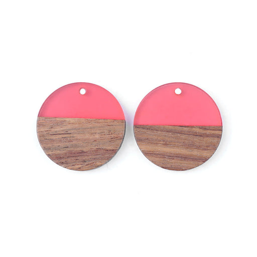 28mm Wood & Pink Berry Resin Disc Focal Piece Pendant Charm (1 Pair)