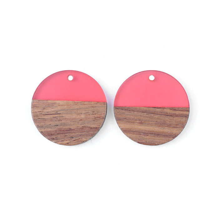 28mm Wood & Pink Berry Resin Disc Focal Piece Pendant Charm (1 Pair)