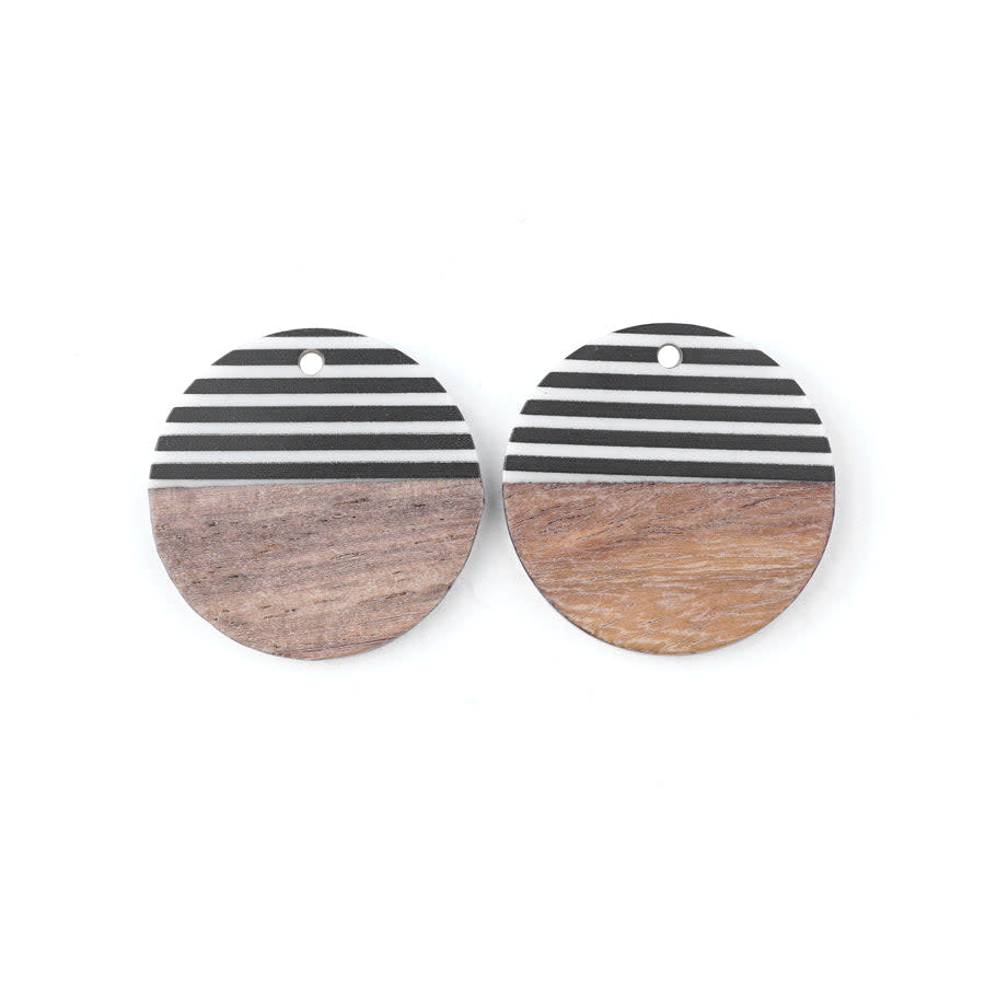 28mm Wood & Black and White Stripe Resin Disc Focal Piece Pendant Charm (1 Pair)