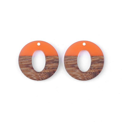 28mm Wood & Coral Resin Disc with Oval Cut Out Focal Piece Pendant (1 Pair)