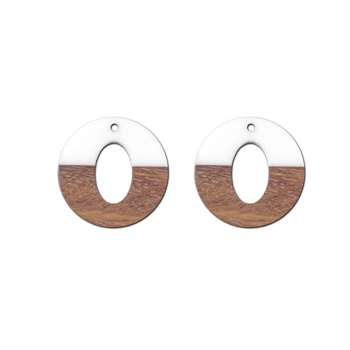 28mm Wood & White Resin Disc with Oval Cut Out Focal Piece Pendant (1 Pair)