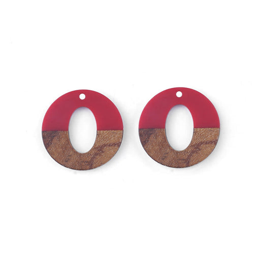 28mm Wood & Deep Red Resin Disc with Oval Cut Out Focal Piece Pendant (1 Pair)