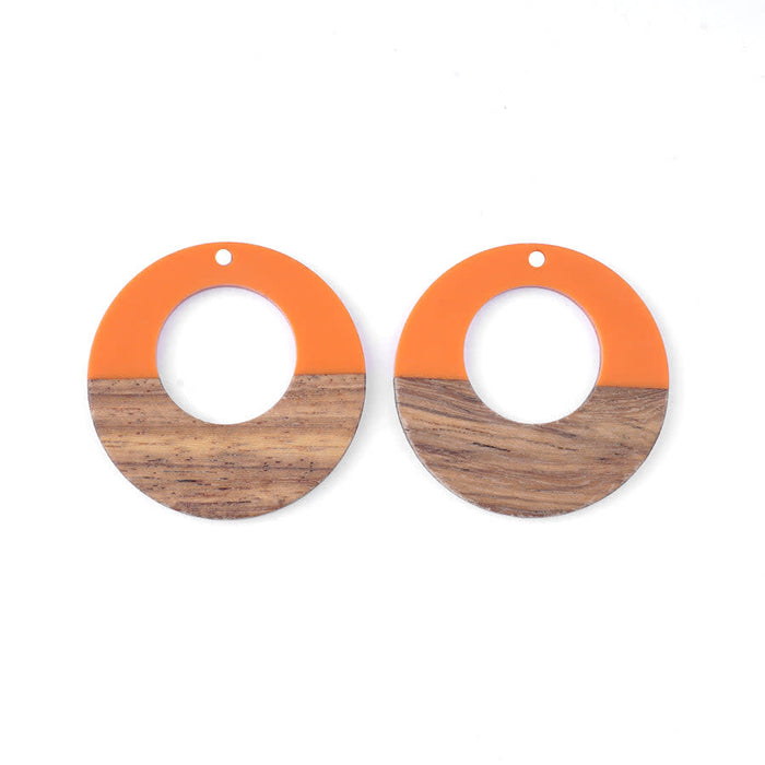 38mm Wood & Pumpkin Resin Off Center Donut Focal Piece Pendant (1 Pair)