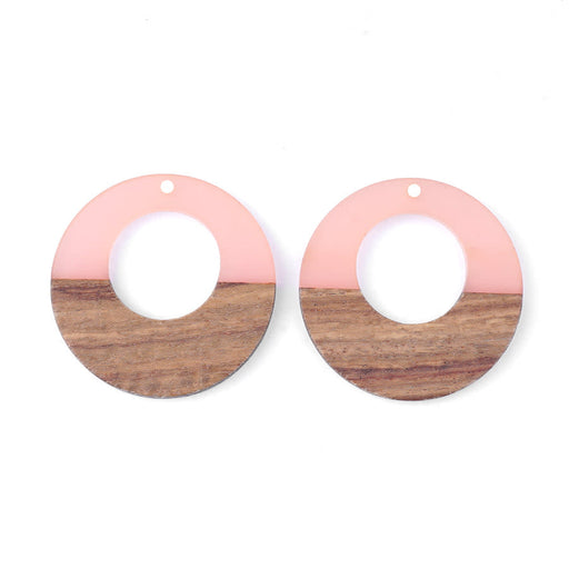 38mm Wood & Pale Pink Resin Off Center Donut Focal Piece Pendant (1 Pair)