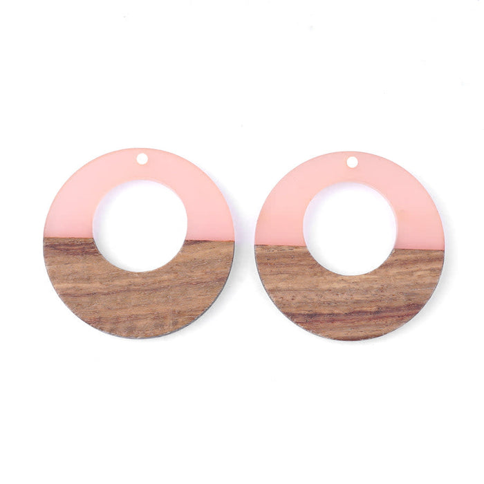 38mm Wood & Pale Pink Resin Off Center Donut Focal Piece Pendant (1 Pair)
