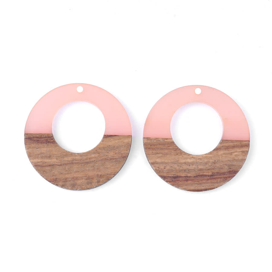 38mm Wood & Pale Pink Resin Off Center Donut Focal Piece Pendant (1 Pair)