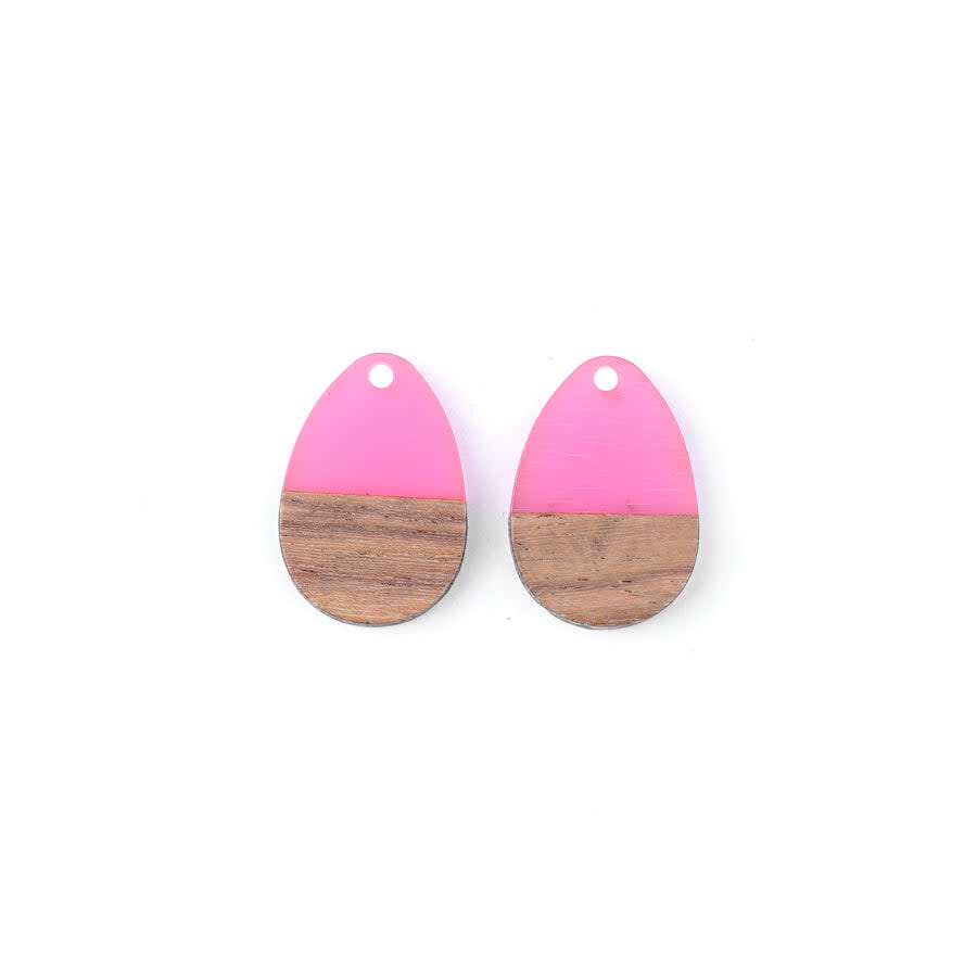 17x25mm Wood & Frosted Pink Resin Solid Drop Focal Pieces (1 Pair)
