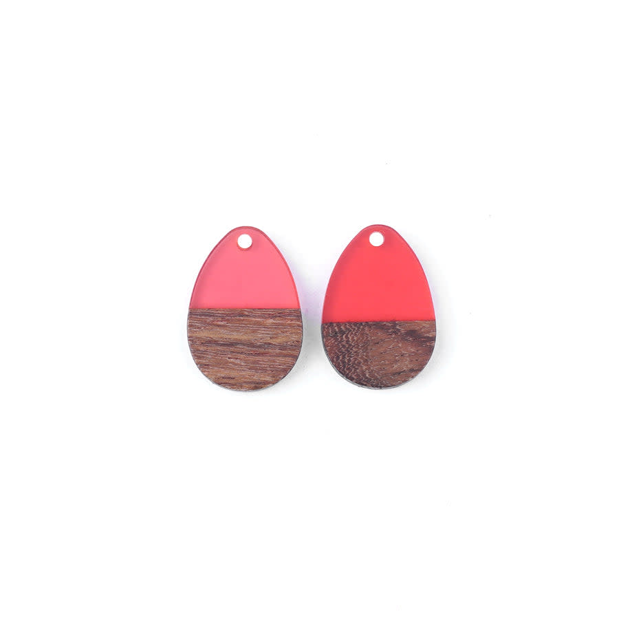 17x25mm Wood & Pink Berry Resin Solid Drop Focal Pieces (1 Pair)