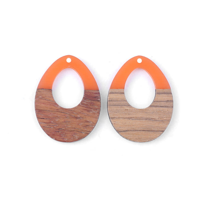 28x38mm Wood & Coral Resin Off Center Drop Focal Pieces (1 Pair)