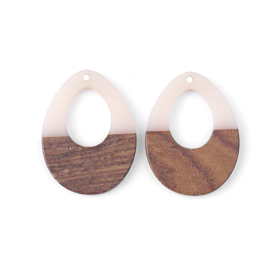 28x38mm Wood & Cream Resin Off Center Drop Focal Pieces (1 Pair)