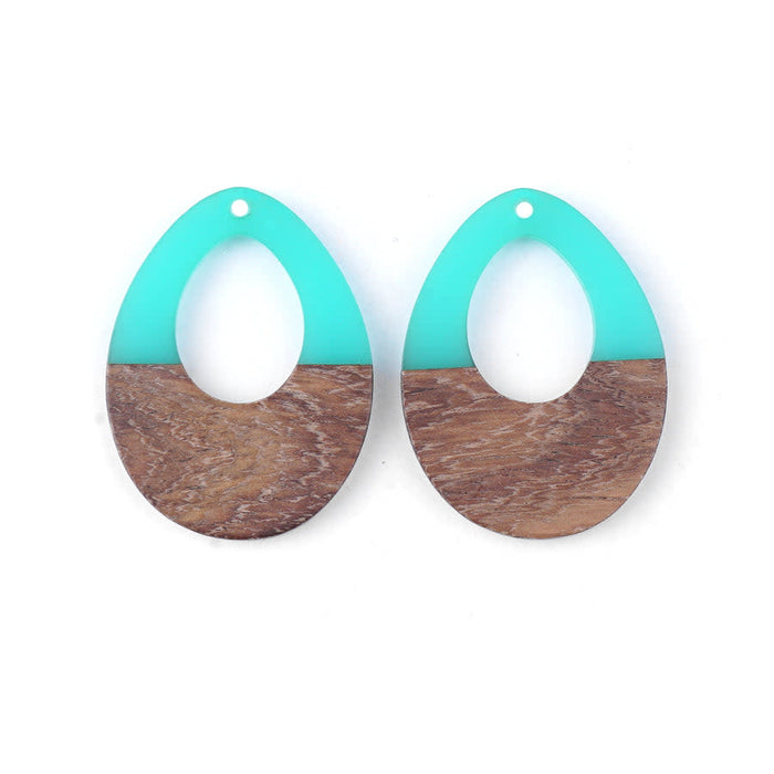 28x38mm Wood & Turquoise Resin Off Center Drop Focal Pieces (1 Pair)