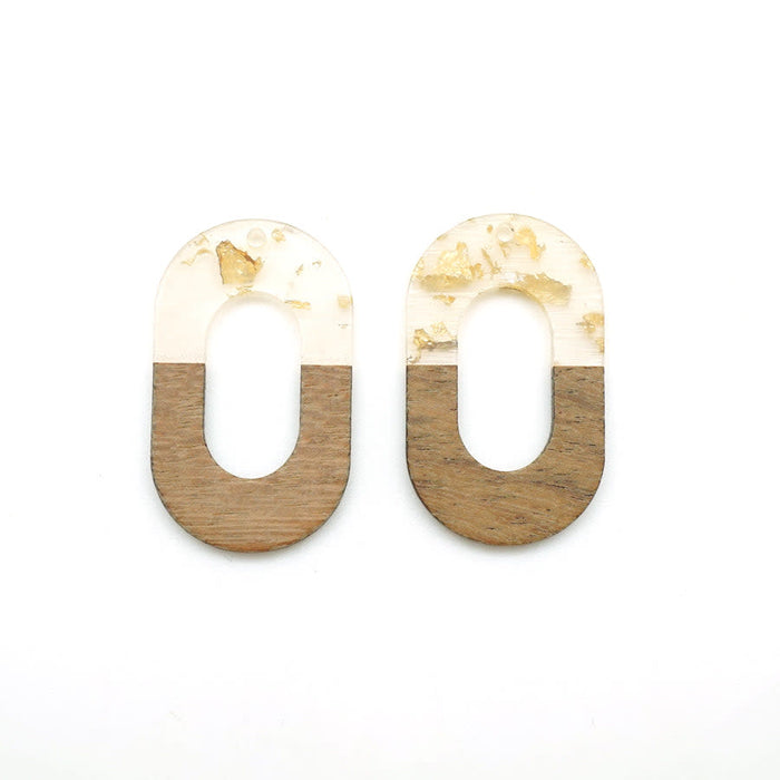 22x38mm Wood & Clear Resin with Gold Foil Squared Oval Focal Pieces (1 Pair)