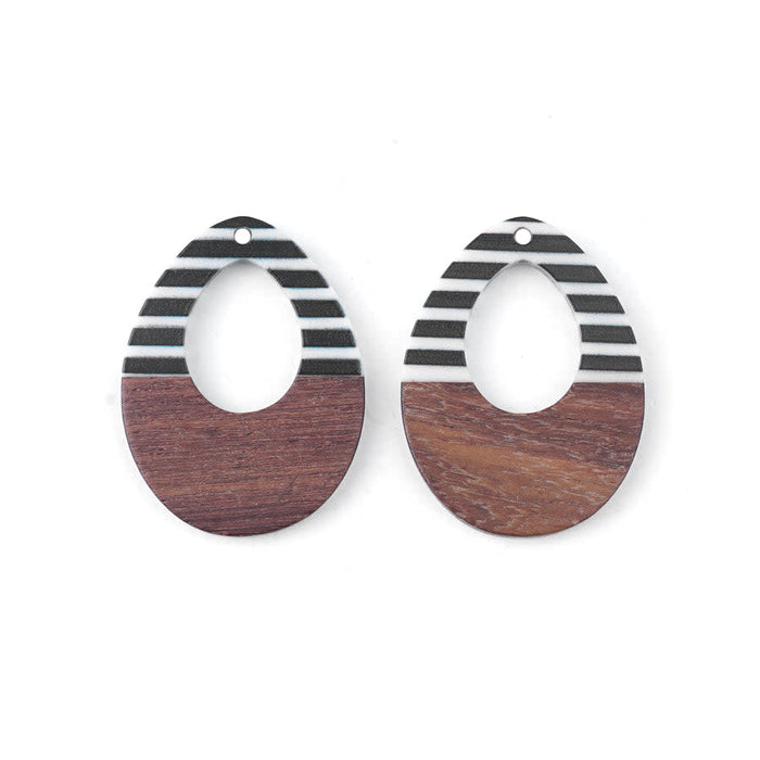 28x38mm Wood & Black and White Striped Resin Off Center Drop Focal Pieces (1 Pair)