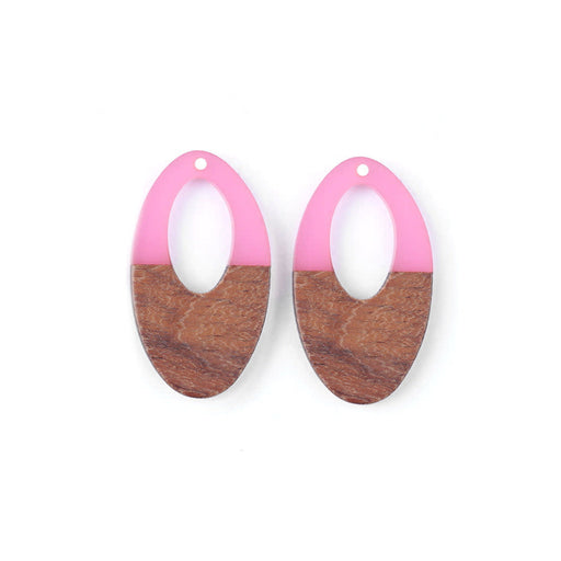 22x38mm Wood & Frosted Pink Resin Off Center Oval Focal Pieces (1 Pair)