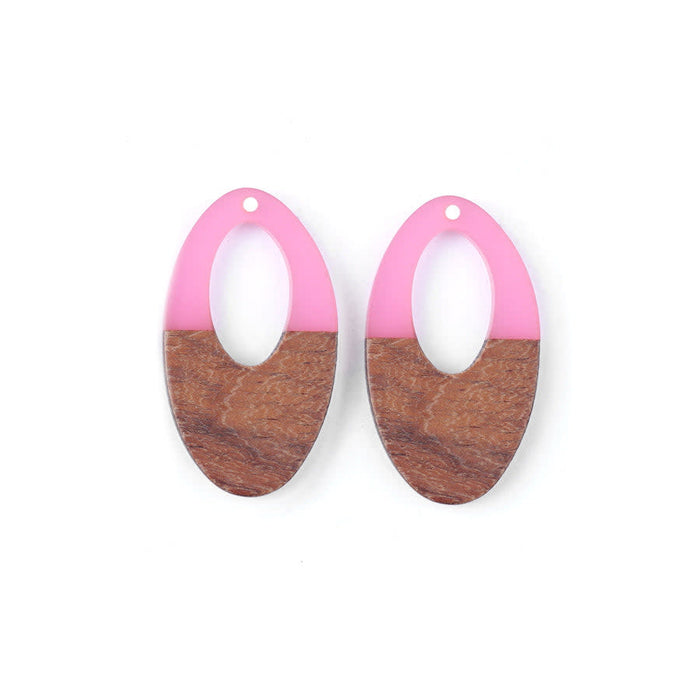 22x38mm Wood & Frosted Pink Resin Off Center Oval Focal Pieces (1 Pair)