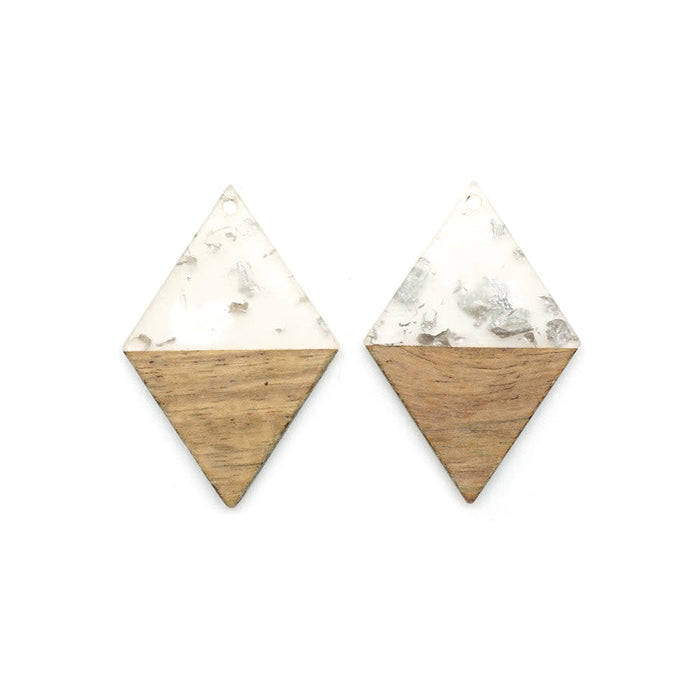 30x48mm Wood & Clear Resin with Silver Foil Diamond Shape Focal Piece Pendant (1 Pair)