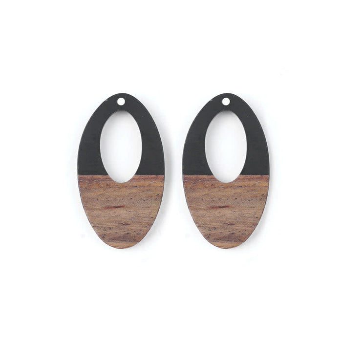 22x38mm Wood & Jet Resin Off Center Oval Focal Pieces (1 Pair)