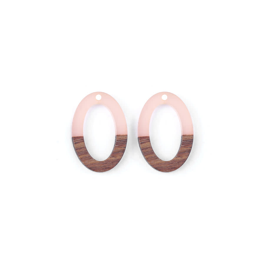 20x30mm Wood & Pale Pink Resin Oval Focal Pieces (1 Pair)