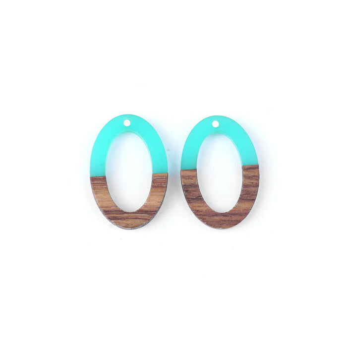 20x30mm Wood & Turquoise Resin Oval Focal Pieces (1 Pair)