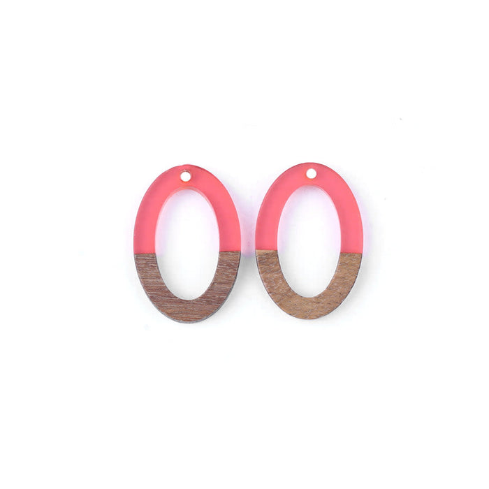 20x30mm Wood & Pink Berry Resin Oval Focal Pieces (1 Pair)